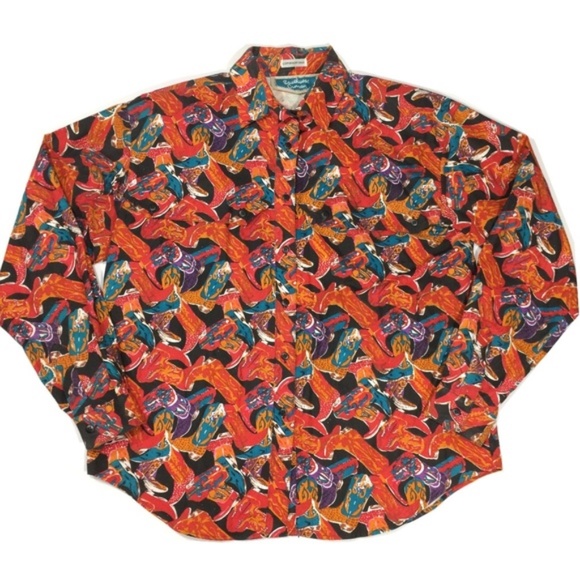 Vintage Tops - Vintage Western Button Down Cowboy Boot Shirt Rare